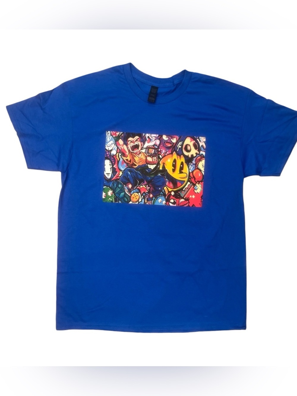 Sz L Blue Graphic Crew Neck T-Shirt with Colorful Arcade Print